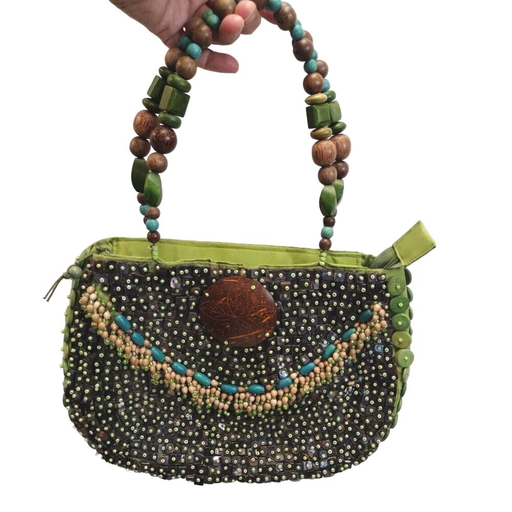Cebu Purse Wooden Bead Art Hand Bag Retro 70s Green Brown Hippie Chic Fairy